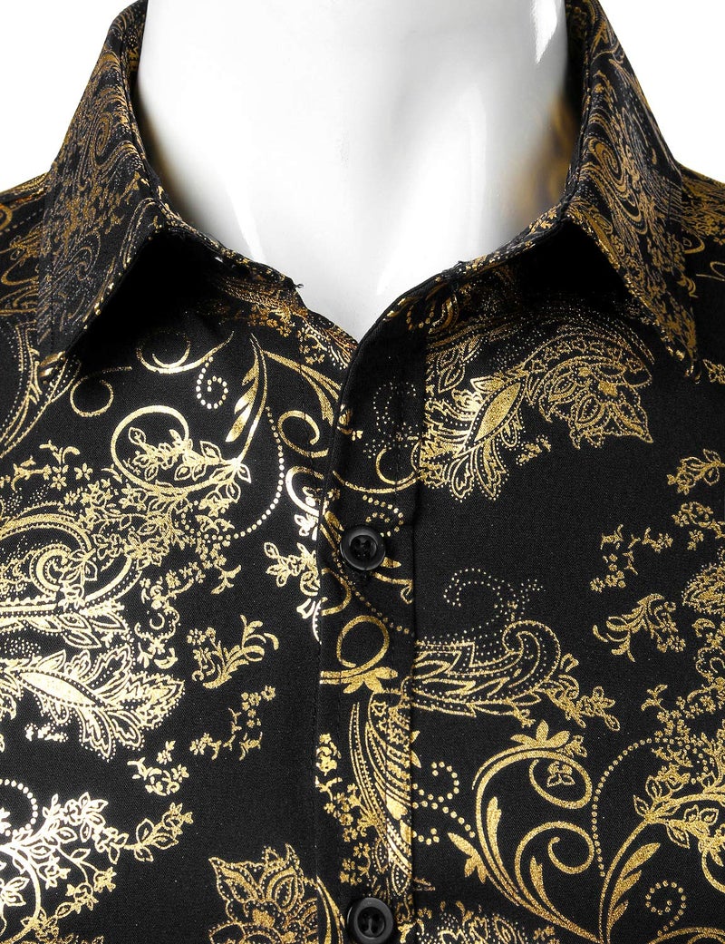 ZEROYAA Men's Luxury Paisley Dress Shirt Shiny Floral Printed Button Down Shirts for Party Prom ZLCL18 Black Gold Large - Image 3